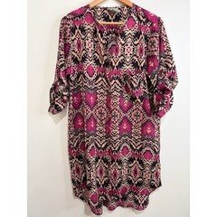 Maeve Anthropologie Magenta Black Ikat Print Shirt Dress Sz L Flowy Boho Chiffon
