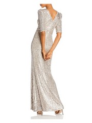 AQUA FORMAL Womens Slitted Pouf Sleeve V Neck Full-Length Evening Sheath Dress