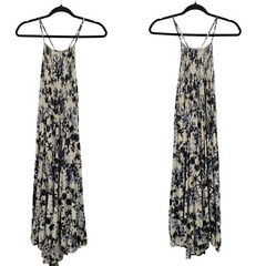 Lira Floral Cami Smocked Racerback Midi Dress Sz S Navy White Strappy Beach Boho