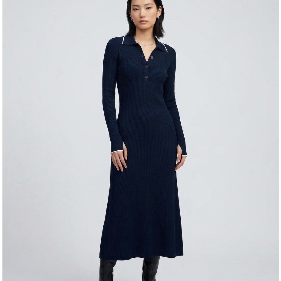 Madewell Ribbed Long Sleeve Midi Dress Small Navy Collared Button Front