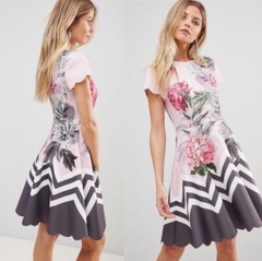 Ted Baker Haiilie Palace Gardens Floral Scalloped Pink Grey Skater Dress 0/ US 2
