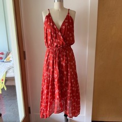 Trovata Birds of Paradis Lucia Floral Mock Wrap Midi Sundress-Red Floral-Sz Med