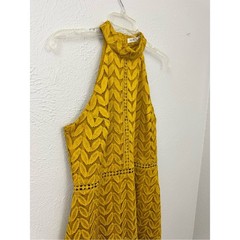 Blu Pepper Mustard Lace Halter Mini Dress Size Medium Leaf Cutwork A-Line Y2K