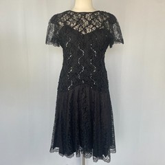 Vtg Formal Dress Plus Size 20 Black Lace Sequin Drop Waist Gothic Whimsigoth 80s