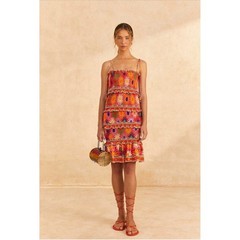 Farm Rio Womens Bright Sun Smocked Tiered Ruffle Mini Dress Orange Pink Size L