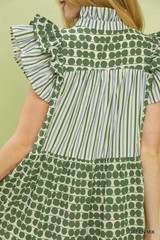 Umgee Mix Patchwork Flutter Sleeve Tiered Dress – Green Mix – Large