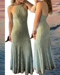 Women’s Size S Teal Sequin Lace Halter Sleeveless Mermaid Long Gown Lined Zip