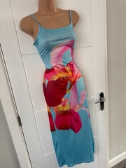 Floral Orchid Print Bodycon Strappy Maxi Dress Blue Pink M UK 12-14 B100