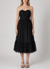 INA Polka Dot Strapless Tulle Midi Dress Womens Small Black Party Ballet Whimsy