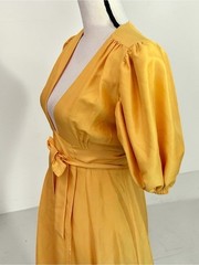 NWT Azeeza Florence Raw Silk Wrap Midi Dress Honey Yellow Puff Sleeve Sz XS