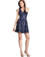 AQUA ~ Navy Blue Silver Metallic Lace V-Neck Fit & Flare Party Dress L NEW $128.