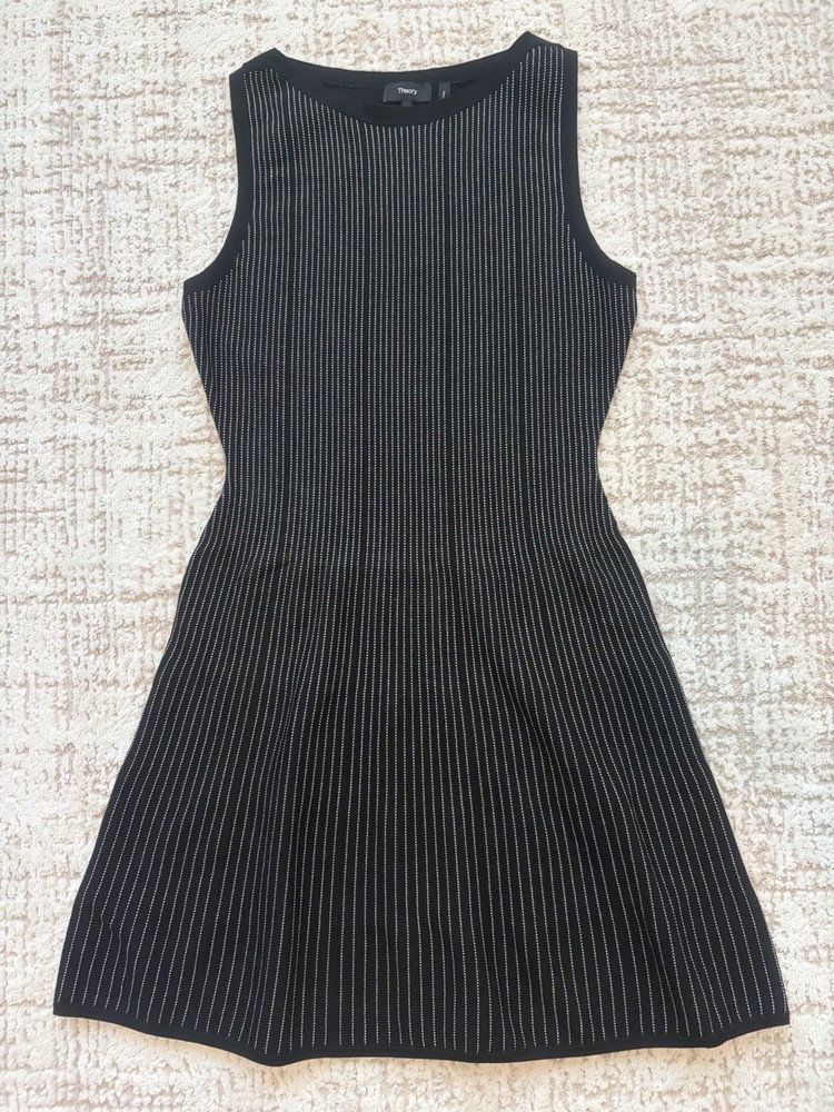 Theory Black White Patterned Knit Fit Flare Dress Bilen Small Sleeveless