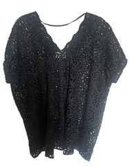 DX COLLECTION Sz S Bust 61 BLACK Eyelet Lace PULLOVER Swim Cover-Up LONG TOP (D9
