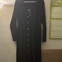OUGES Black Solid V-Neck Long Sleeve Long Dress Button Front Pockets Size 2XL