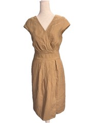 Talbots Sz 8 Camel Tan 100% Linen Sheath Dress Faux Wrap Career Retro Indie