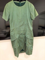 Women’s Vintage Green Solid Shift Dress S, Woven Short Sleeve Round Neck, Zip