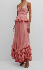 $498 Rococo Sand Womens Pink Metallic Dot Peplum Tiered Ruffle Maxi Dress Size L