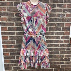 Willa Story Size M Ruffle Metallic Mini Dress Geometric Colorful Party Fun