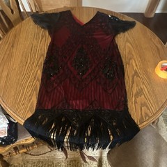 Kayaniq Red/Black Sequin Beaded Mesh Fringe V-Neck Shift Short Dress XXL