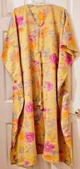 Silk Saree Kaftan Kimono~ Women&rsquo;s~ Yellow w/ Pink & Orange Flowers ~ Long Dress
