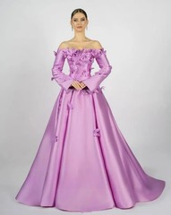 Pink Purple Silk Evening Dress One Shoulder Long Sleeves 3D Fower Srap Dsign
