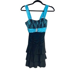 Y2K Tiered Ruffle Mini Dress Lace Rhinestone S Black Blue McBling Party 2000s