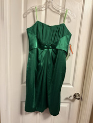 Green Satin Solid Knee Length Dress Pleated Bow Tie Front Spaghetti Strap