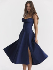 Blue Lace Up Corset Midi Dress sexy silm fit slip dress a-line hem women navy