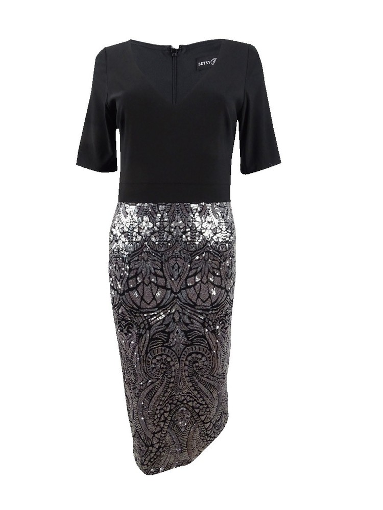 Betsy & Adam Women&rsquo;s Solid & Sequined Midi Sheath Dress (8, Black/Gunmetal)