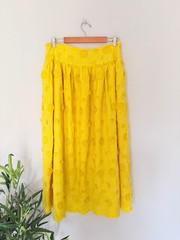Oliver Bonas Skirt UK 12 Midi Yellow Embroidered Floral Applique Cotton Summer
