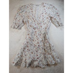 Reformation Floral Linen Wrap Dress Womens White Puff Sleeve Ruffle Mini Large