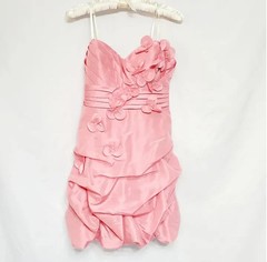 READ! Vintage Y2K Bubblegum Satin Pleated Floral Appliqué Strapless Mini Dress