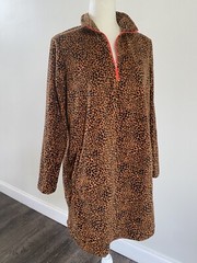 Lands End Women Leopard Print Dress LS Stretch Pockets Fleece 1/4 Zip Sz M/P