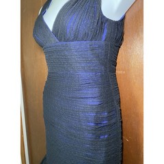 ML MONIQUE LHUILLIER Blue Black Tulle Polka Dot Trumpet Gown Dress sz 2
