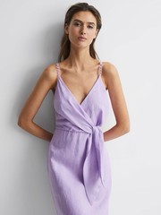 Reiss Purple Linen Wrap Midi Dress V-Neck Adjustable Straps UK 12