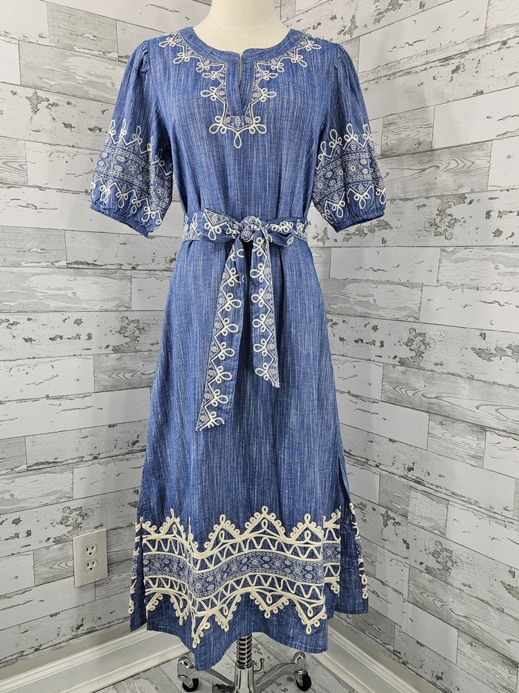 Roller Rabbit Embroidered Caftan Blue Midi Dress Puff Sleeves Womens Xsmall