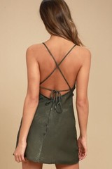 LULUS Olive Green Shiny Satin Slip Mini Dress Small Sexy Vintage Y2K 90s Holiday