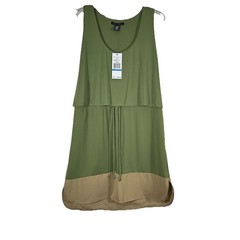 Kenneth Cole Women’s XL Sleeveless Mixed-Media Midi Dress Green Tan Drawstring