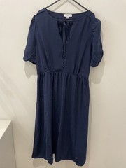 La Redoute Navy V-Neck Midi Dress Size 12 Short Puff Sleeves Draping RRP £52