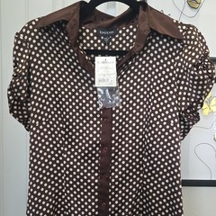 bebe Brown/White Polka Dot Collared Button-Front Shirt Dress Puff Sleeve Sz Lrg