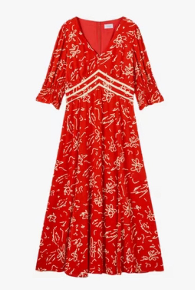 *JIGSAW SCRIBBLE PRINT RED & WHITE MIDI TEA DRESS*