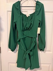 Pie in the Sky Smocked Back Tie Front Long Sleeve Mini Dress in Hunter Green