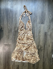 Women&rsquo;s Leopard Print Halter Backless Ruffle Mini Dress Beige Brown Size S