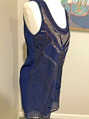 Navy Blue Beaded Sequined Sheath Evening Dress~S~ Cocktails Art Deco Flapper NWT
