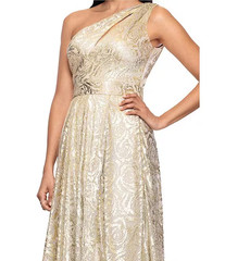 Betsy & Adam Champagne Gold Metallic Floral One-Shoulder Gown Size 12 $278