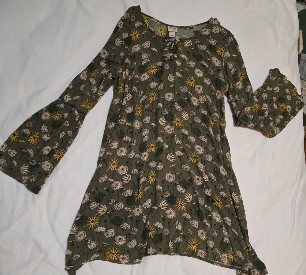 Womens Large Mossimo Olive Green Sunflower Print Boho Hippie Floral Mini…