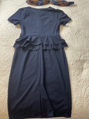 Alivire Blue Solid Sheath Peplum Midi Dress, Short Sleeve, Zip, Button