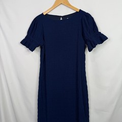 Lost + Wander Navy Blue Textured Puff Sleeve Ruffle Hem Midi Dress M NWT