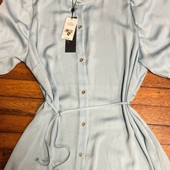 H Halston Aquamarine Button-Front Mini Dress with Tassel Tie Waist