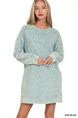 Zenana Women 100% Cotton Blue French Terry Acid Washed Pocket T-Shirt Dress